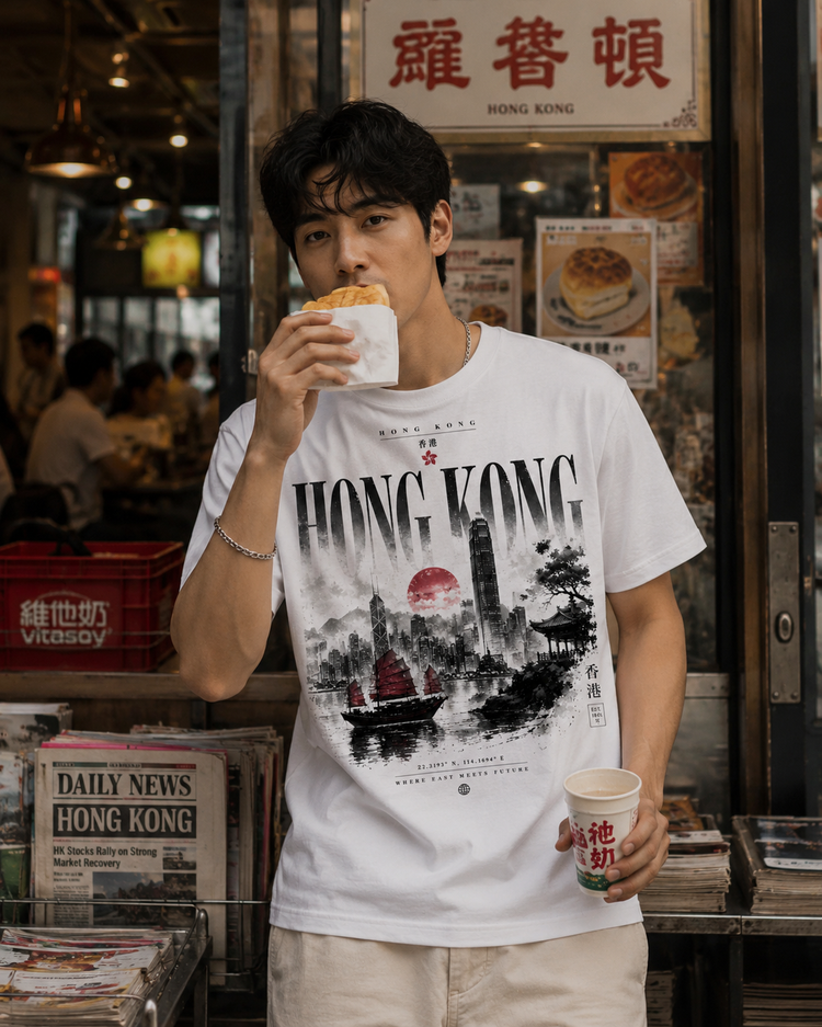 A man wearing a white graphic t-shirt with 'HONG KONG' printed in black over a traditional Chinese ink wash painting of a junk boat and red moon, holding a sandwich and a coffee cup in front of a Hong Kong street food shop.