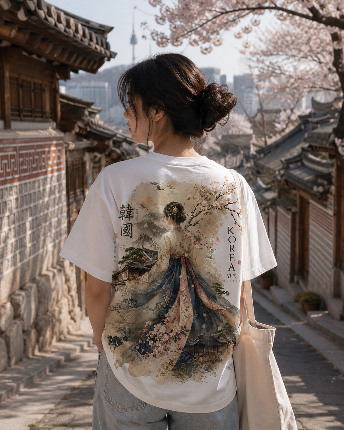 A woman viewed from behind wearing a white graphic T-shirt with a large traditional-style illustration and the word 'KOREA' printed on the back, standing in a narrow outdoor street with historic buildings and cherry blossoms.