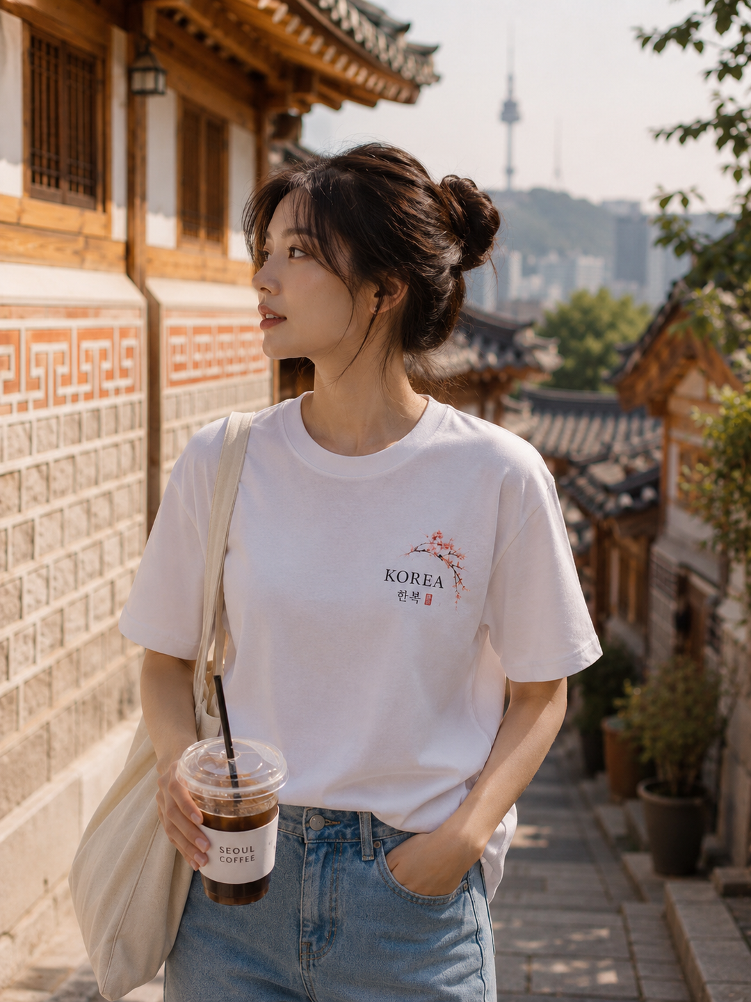 A woman wearing a white crewneck t-shirt with a small red and black &
