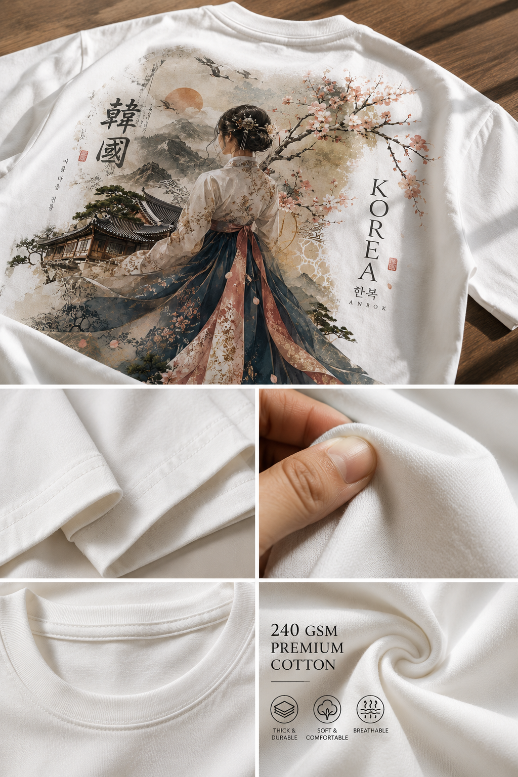 A white short-sleeve T-shirt shown in a four-panel collage. The top panel shows the back of the shirt with a large traditional-style illustration of a woman in flowing robes, cherry blossoms, trees, and the word 'KOREA' printed vertically.