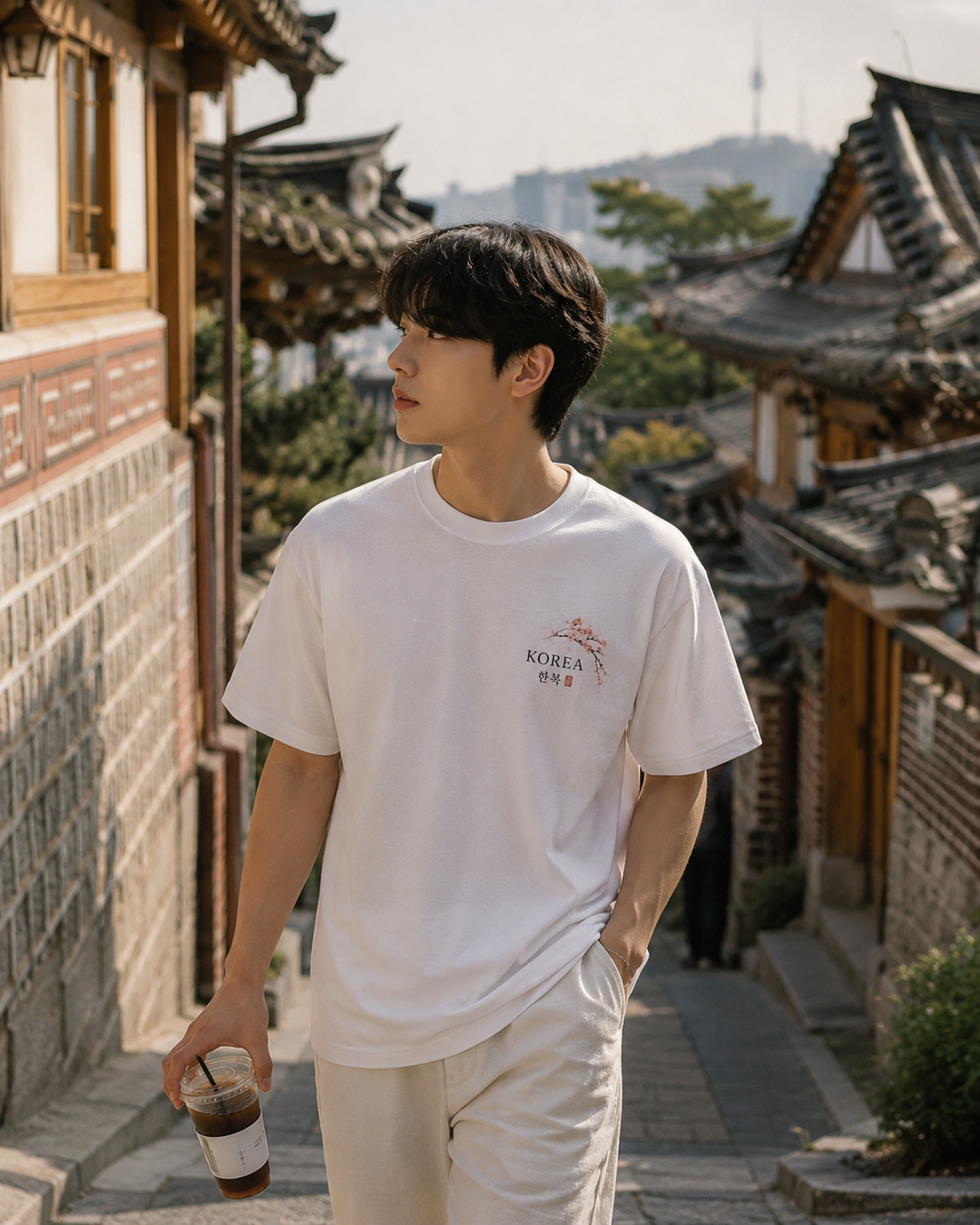 A young man walking down a traditional Korean village street wearing a white crewneck t-shirt with a small red and black graphic on the left chest, paired with white pants, holding an iced coffee.