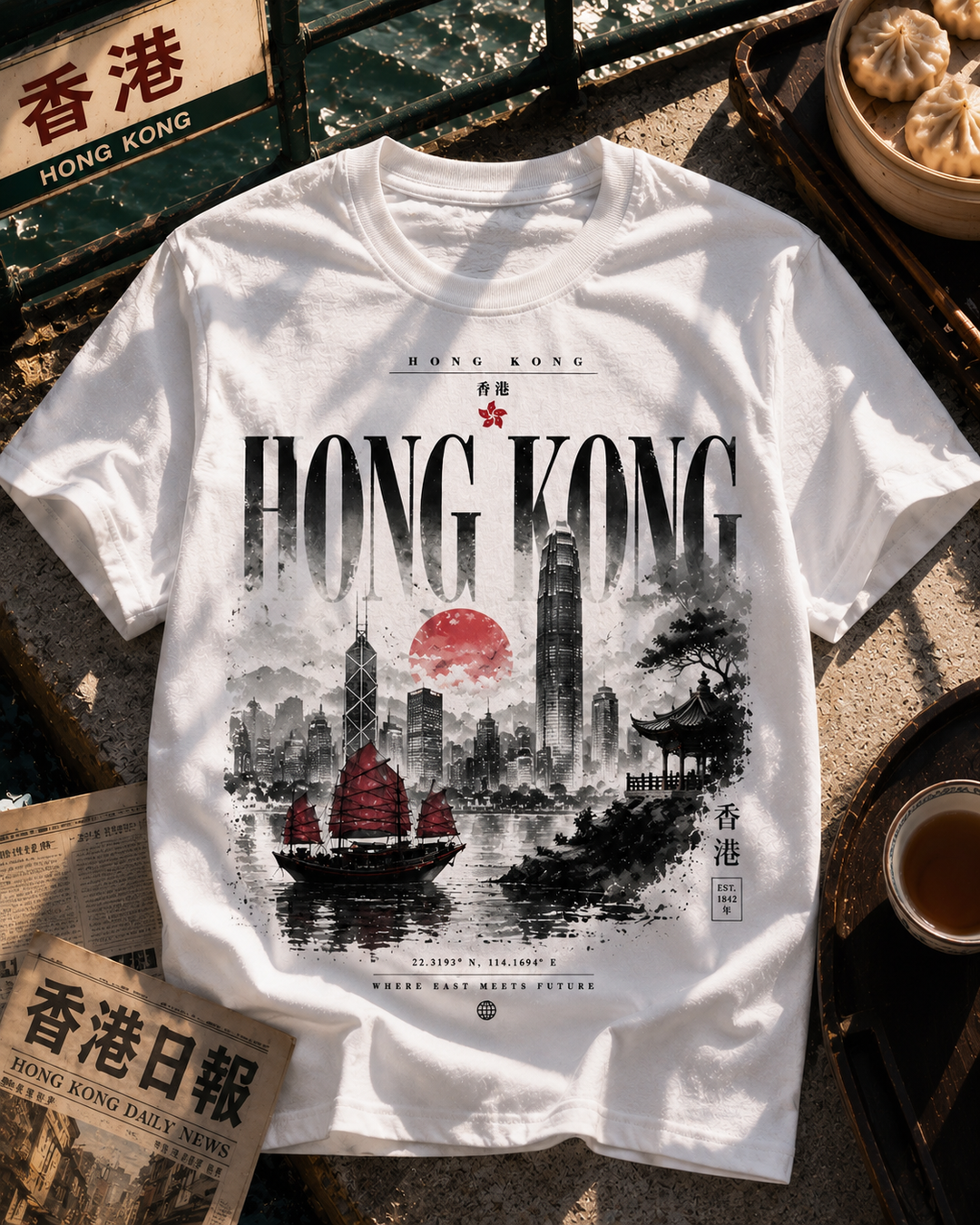 A white short-sleeve graphic T-shirt laid flat on a stone surface with Hong Kong-themed props around it, including a sign, newspaper, tea cup, and dumplings. The shirt features a large black-and-white cityscape print with a red sun and red boats, plus the word HONG KONG prominently across the chest.