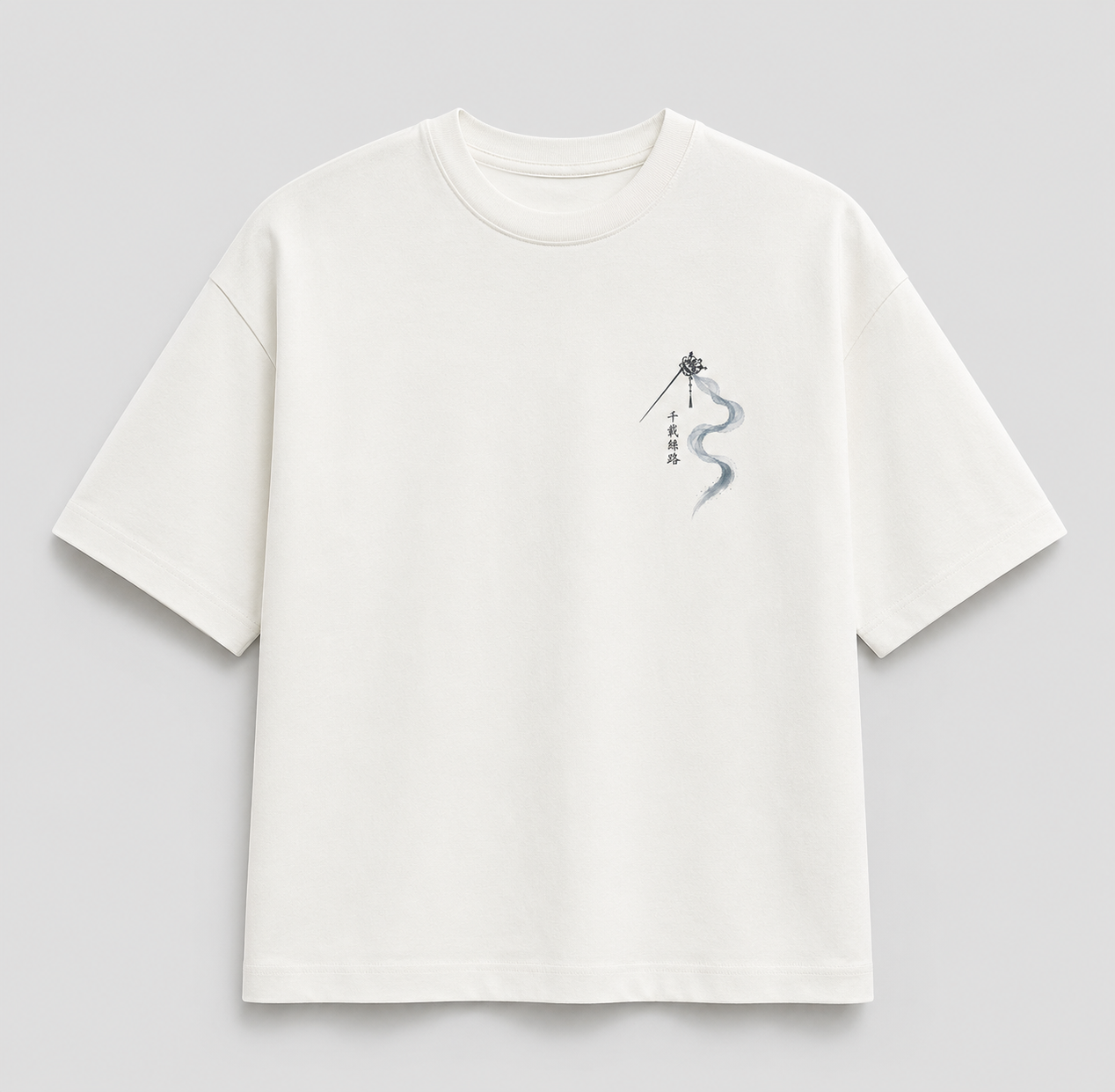 An off-white short-sleeve t-shirt with a small graphic print on the left chest featuring a black silhouette of a person holding a sword and a blue-gray wavy line with vertical Chinese characters, displayed on a neutral gray background.