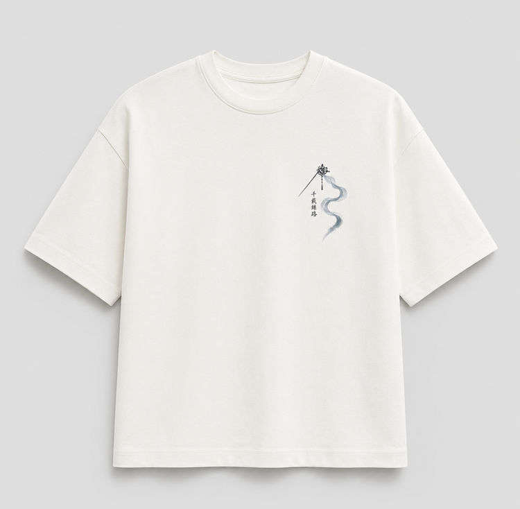 An off-white short-sleeve t-shirt with a small graphic print on the left chest featuring a black silhouette of a person holding a sword and a blue-gray wavy line with vertical Chinese characters, displayed on a neutral gray background.