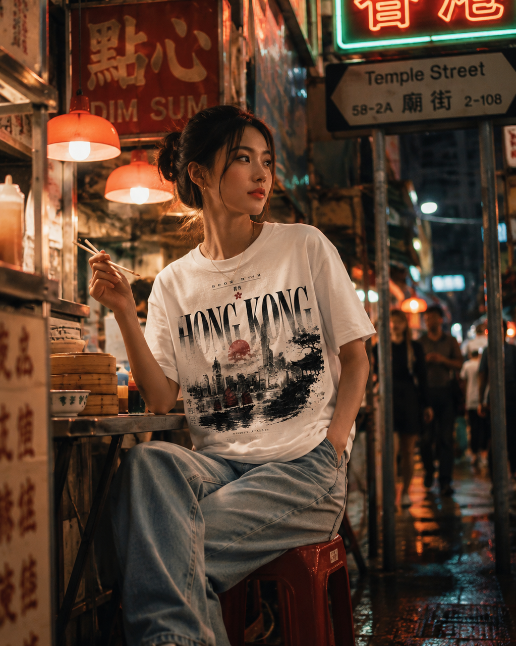 A woman sits on a red stool in a dimly lit, wet street market alley. She is wearing a white graphic t-shirt with 'HONG FONG' and a cityscape print, paired with light blue jeans and white sneakers.
