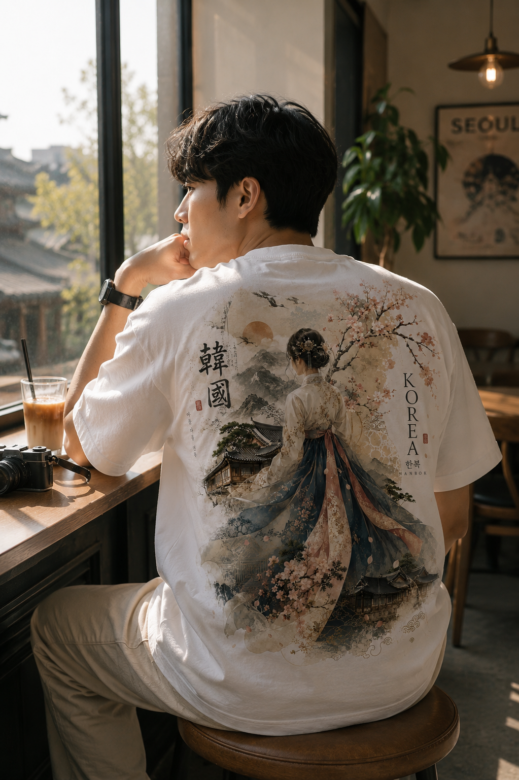 A man sitting at a cafe table, viewed from behind, wearing a white t-shirt with a large, detailed traditional Korean watercolor-style print on the back. The print features a woman in a flowing dress with the words 'KOREA' and 'HANGUL' written vertically.