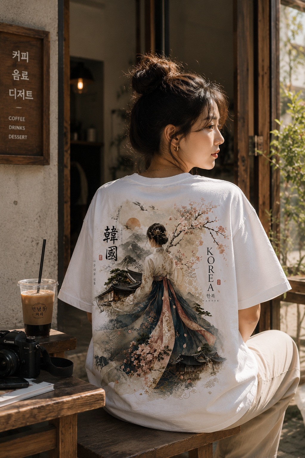 A woman sitting on a wooden bench in a cafe, wearing a white oversized t-shirt with a large back graphic depicting a traditional Korean woman in a flowing dark dress with cherry blossoms. The text 'KOREA' and Korean characters are printed on the graphic.