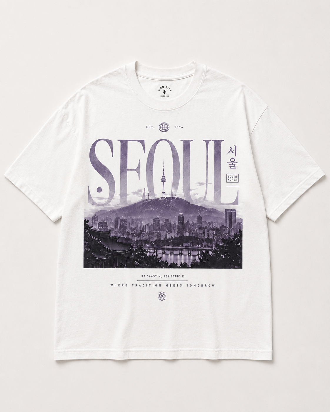White t-shirt with a graphic of a cityscape and 'SEOUL' text on a light gray background