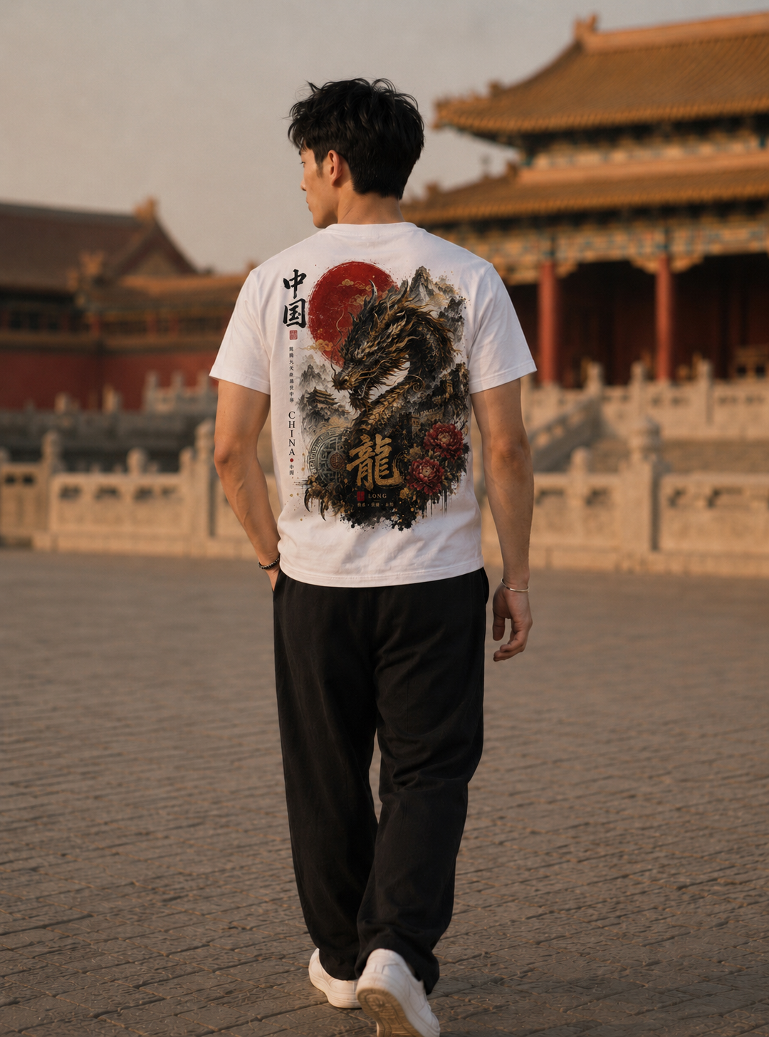 A man viewed from behind wearing a white t-shirt with a large back graphic of a dragon and red sun, walking in a large stone courtyard with traditional Chinese architecture in the background.