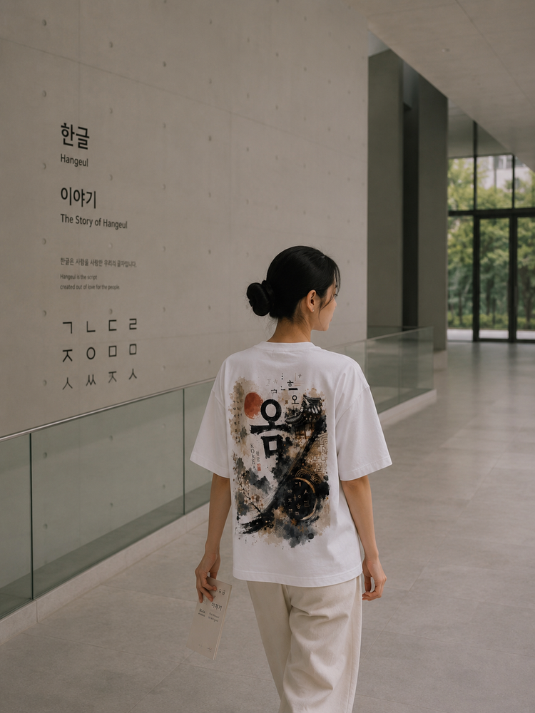 A woman viewed from behind wearing a white graphic t-shirt with a large black and orange Korean calligraphy print on the back, standing in a modern indoor hallway with a textured wall.