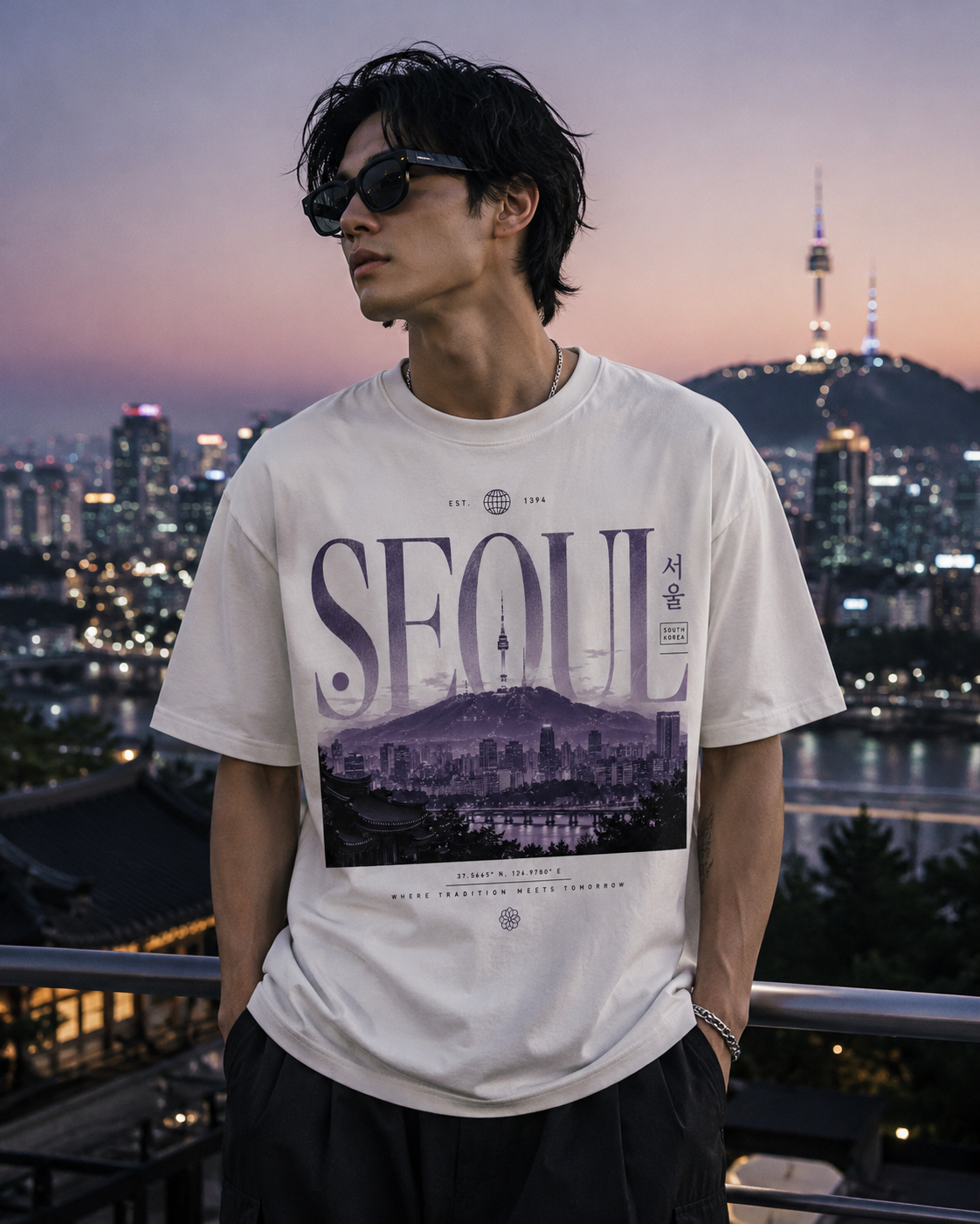 Person wearing a 'SEOUL' t-shirt with a cityscape background