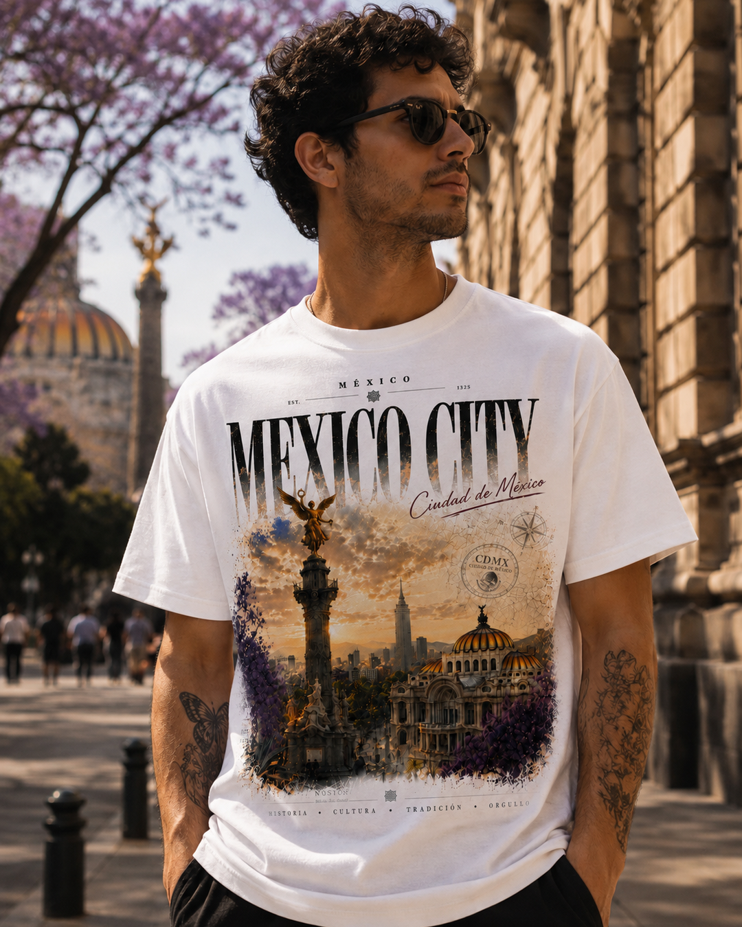 A man wearing a white graphic t-shirt with a &