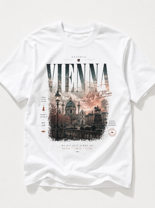 A white short-sleeve crewneck t-shirt featuring a detailed graphic print of Vienna, Austria. The graphic includes the word 'VIENNA' in large letters over a sepia-toned illustration of the city's landmarks, including the Belvedere and Schönbrunn Palace, with decorative text elements.