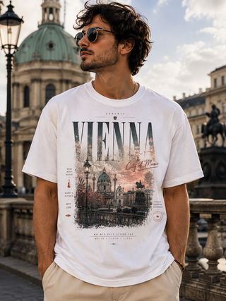 A man wearing a white graphic t-shirt with a detailed Vienna cityscape print, standing outdoors in front of a historic domed building.