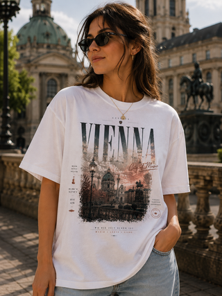 A woman wearing a white graphic t-shirt with a detailed Vienna cityscape print, standing outdoors in front of a historic building with a statue.