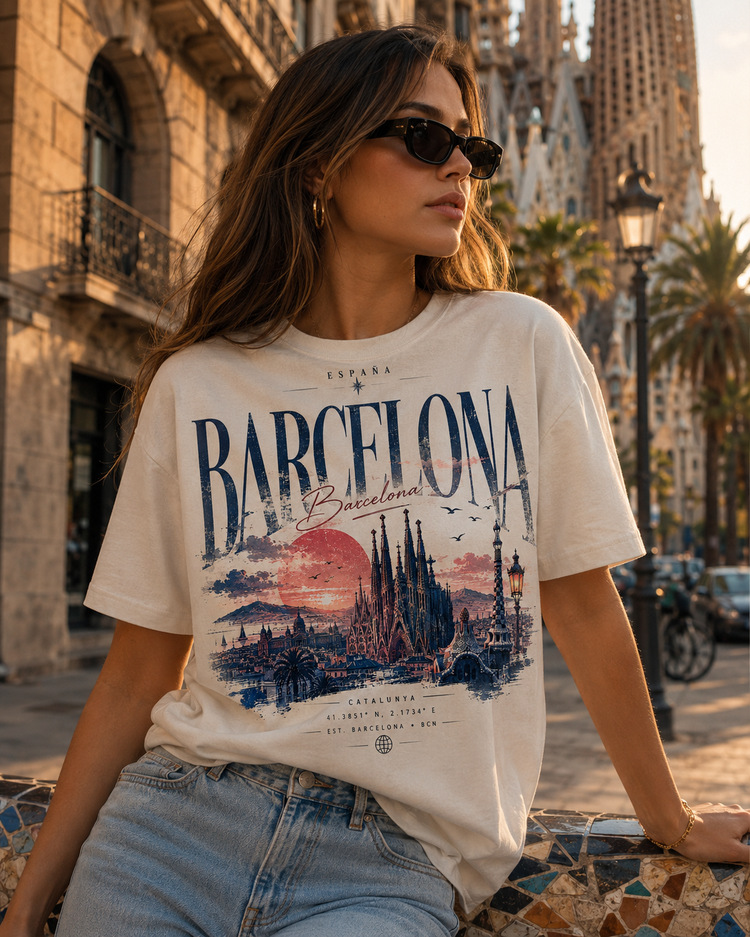 A woman wearing a cream-colored graphic t-shirt with a blue and red Barcelona cityscape print, posing outdoors in front of a historic stone building and Sagrada Familia.