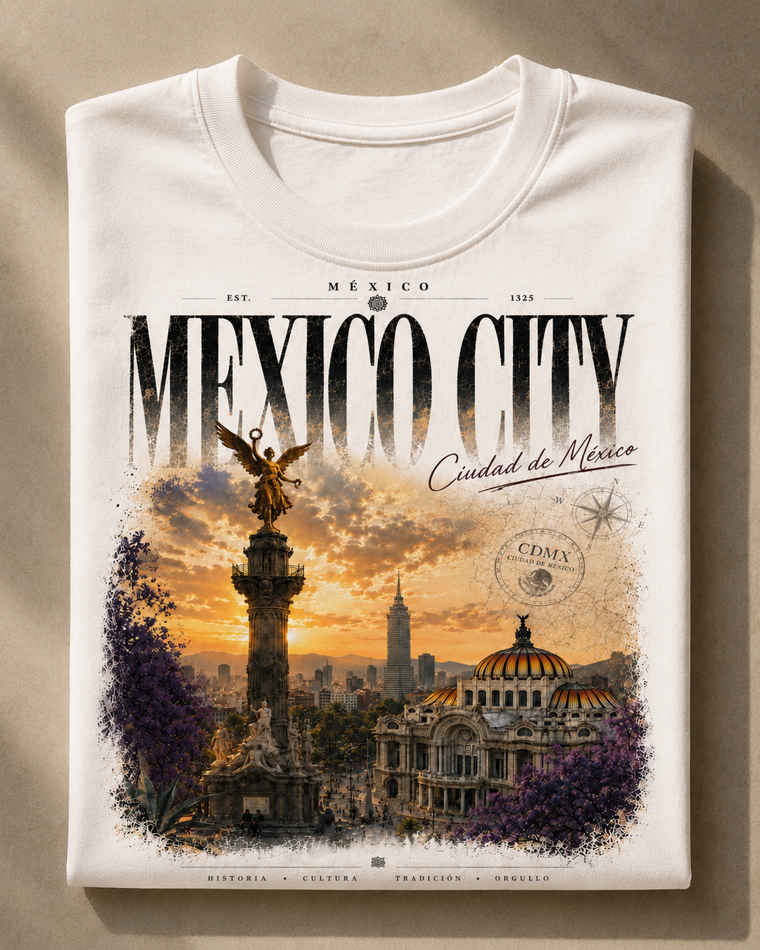 A folded white short-sleeve T-shirt with a large printed graphic of Mexico City, featuring the text &
