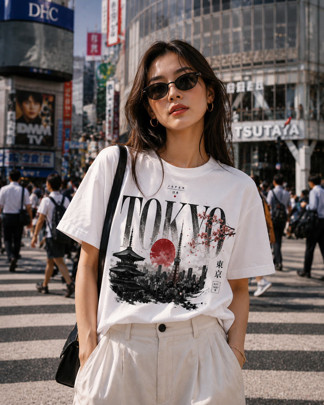 A woman wearing a white graphic T-shirt with a black and red Tokyo print, paired with light beige trousers, standing on a busy city street crosswalk.