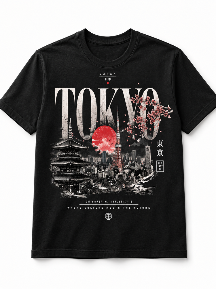 A black short-sleeve crewneck t-shirt featuring a detailed graphic print of Tokyo, Japan. The graphic includes the word 'TOKYO' in large white letters, a red sun, cherry blossoms, and illustrations of the Tokyo Tower and Pagoda.