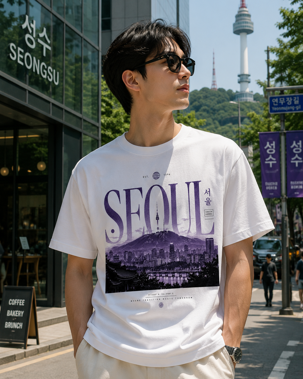 A man wearing a white graphic t-shirt with a purple 'SEOUL' cityscape print, standing on an outdoor street in front of a building with 'SEONGSU' signage and the N Seoul Tower in the background.