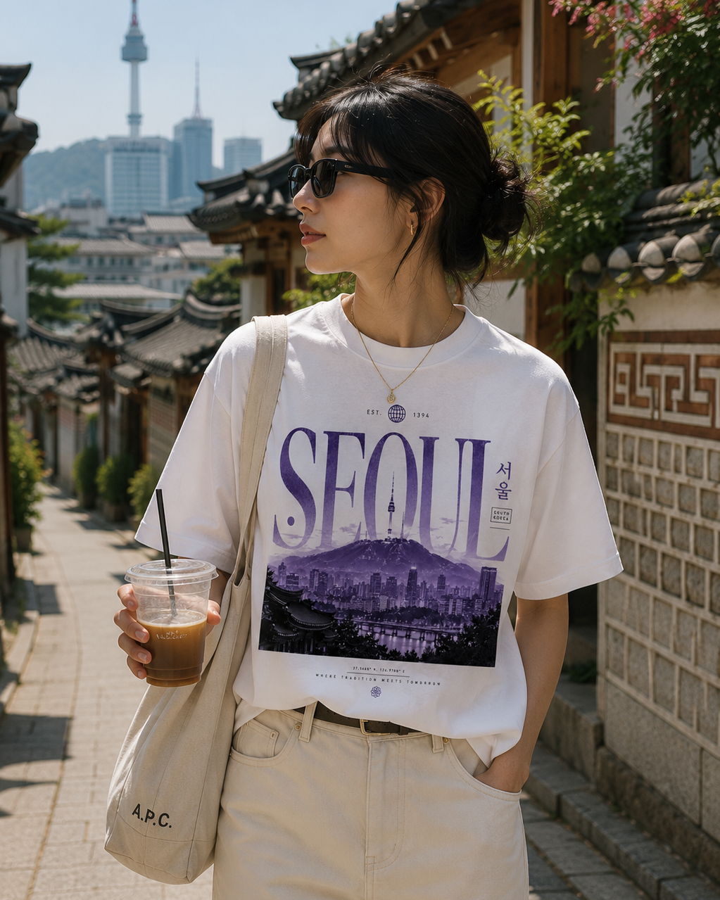 A woman wearing a white graphic t-shirt with a purple 'SEOUL' cityscape print, paired with beige pants and carrying a canvas tote bag, standing on a traditional street with N Seoul Tower in the background.