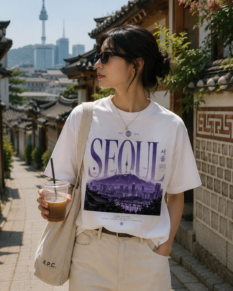 A woman wearing a white graphic t-shirt with a purple 'SEOUL' cityscape print, paired with beige pants and carrying a canvas tote bag, standing on a traditional street with N Seoul Tower in the background.