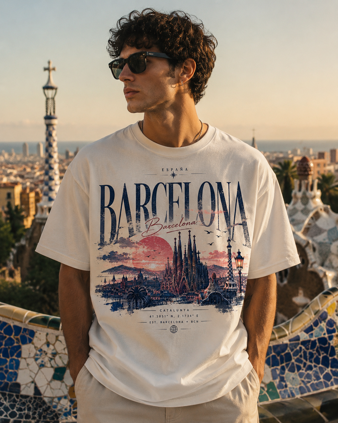 A man wearing a white graphic t-shirt with a detailed Barcelona print, standing outdoors in front of a scenic city background at sunset.