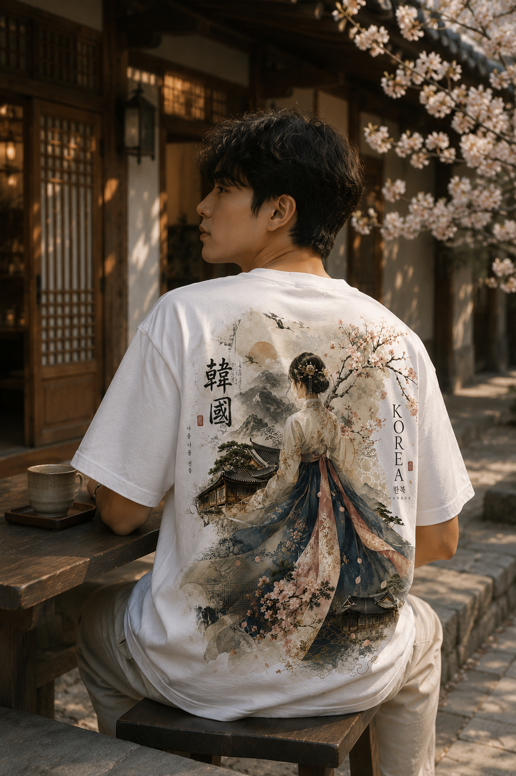 A man wearing a white graphic t-shirt sits on a wooden bench in a traditional courtyard. The back of the t-shirt features a large, detailed watercolor-style print of a woman in traditional Korean attire, with the word &