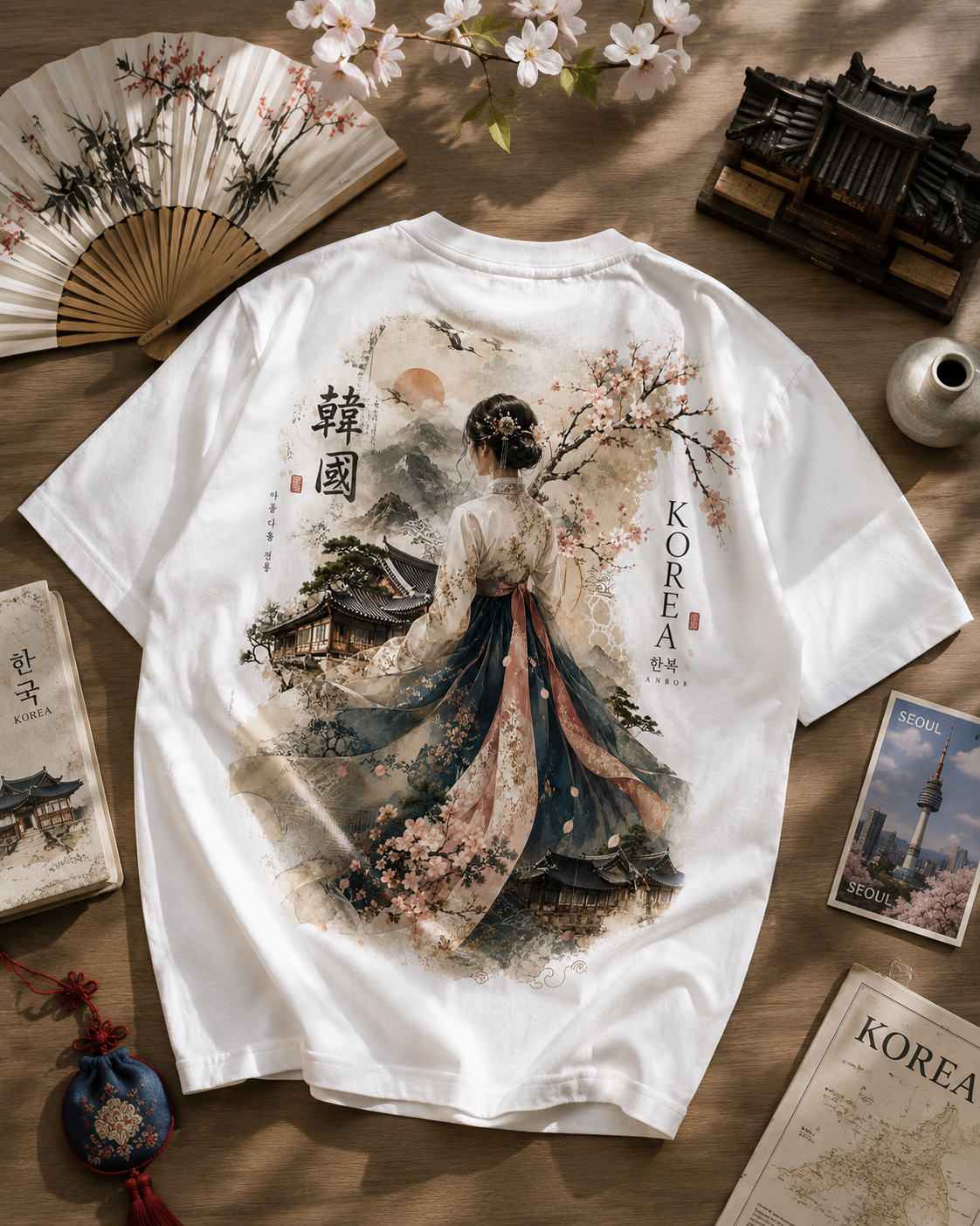 A white short-sleeve T-shirt laid flat on a wooden surface, featuring a large back graphic of a woman in traditional Korean attire with cherry blossoms and the text 'KOREA' and '韓國'. The shirt is styled with decorative props including a folding fan, books, and a small vase.