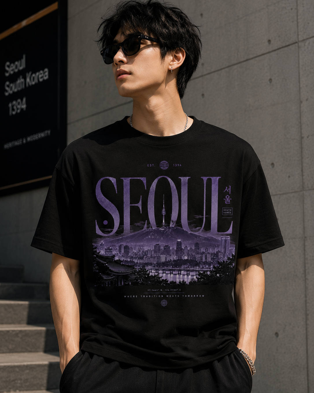 A man wearing a black graphic t-shirt with a purple Seoul cityscape print, standing outdoors against a gray concrete wall.