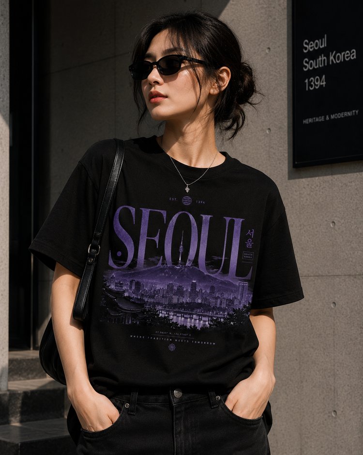 A woman wearing a black graphic t-shirt with a purple 'SEOUL' cityscape print, styled with black jeans, sunglasses, and a crossbody bag in an outdoor urban setting.
