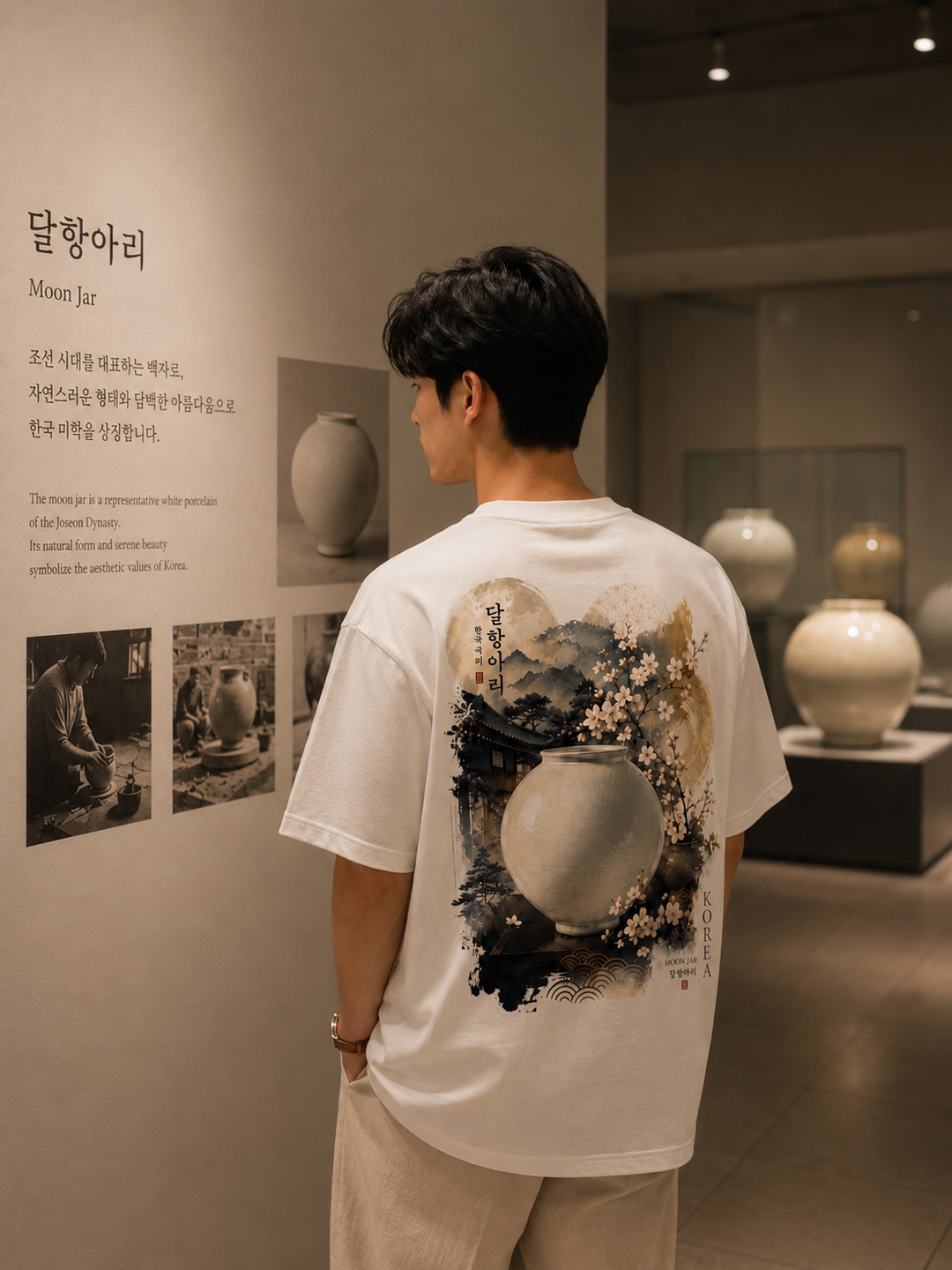 A man viewed from behind wearing a white t-shirt with a large, artistic black, gray, and beige mountain-and-water style print featuring a moon jar, standing in a gallery exhibition space.