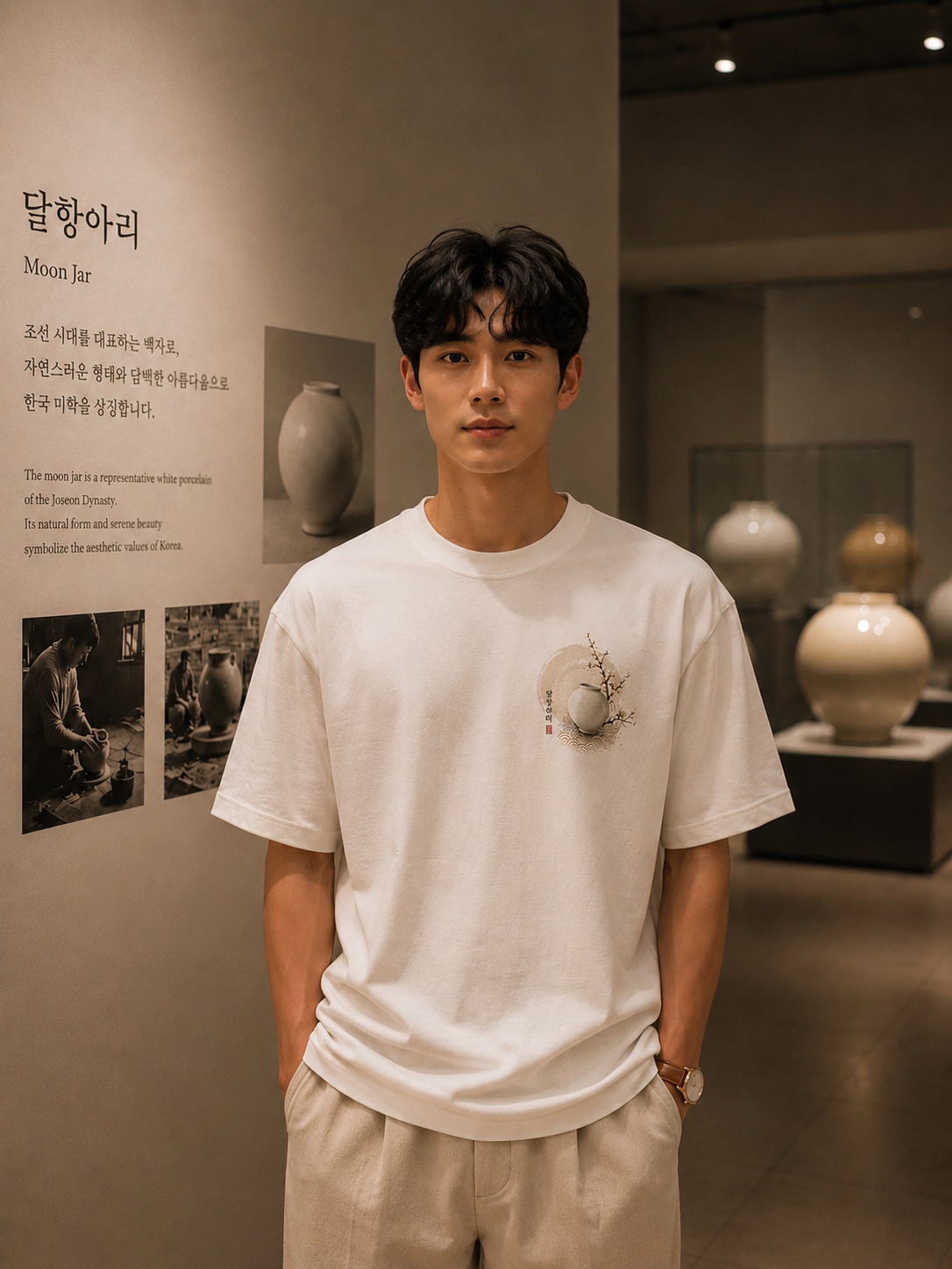 A man wearing a white short-sleeve t-shirt with a small artistic graphic on the left chest, paired with light beige trousers, standing in a gallery or museum setting with ceramic vases in the background.