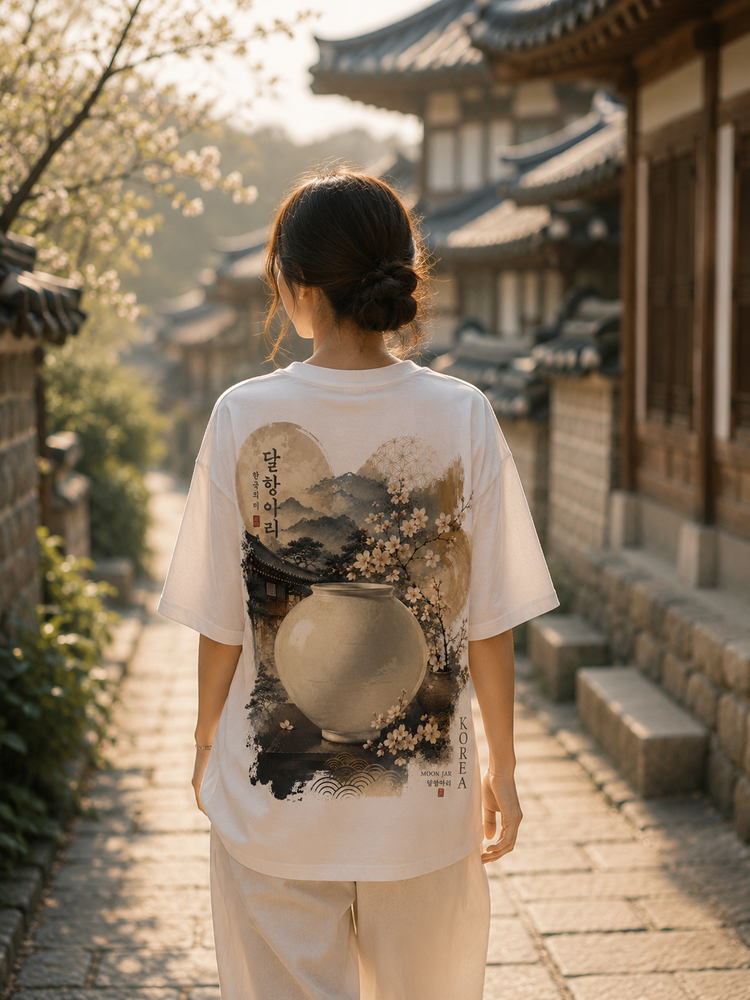 A woman viewed from behind wearing a white oversized T-shirt with a large traditional-style landscape print featuring a large pot, mountains, trees, and Japanese characters, set in a sunlit stone alley with historic buildings.