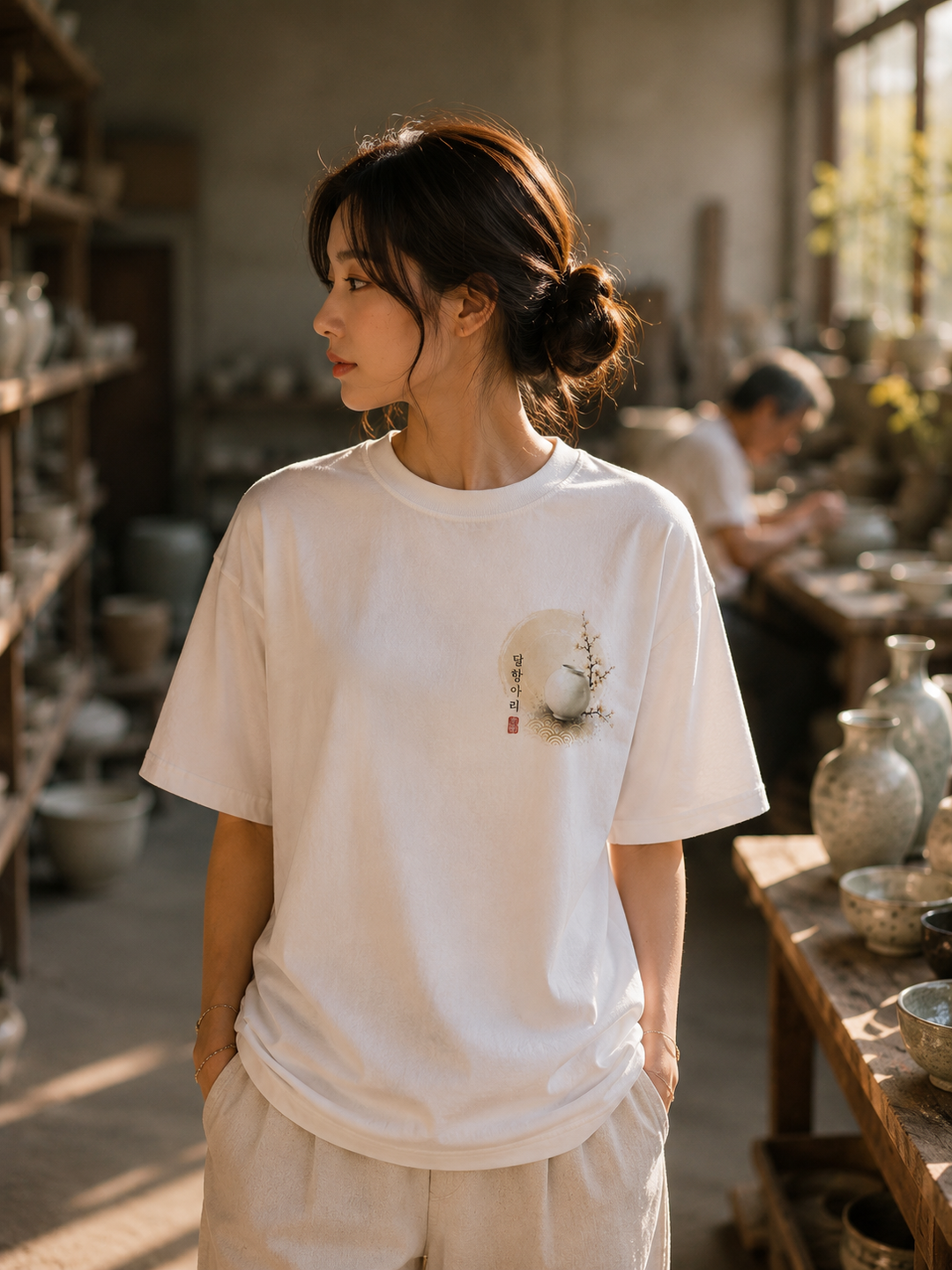 A woman wearing a white short-sleeve crewneck t-shirt with a small traditional Japanese-style tree and moon graphic on the left chest, standing in a pottery studio.