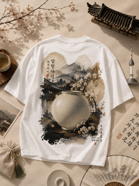 A white short-sleeve T-shirt laid flat on a beige surface, featuring a large Japanese-style back print with a large ceramic vase, flowering branches, mountains, and Korean text. The shirt is styled with decorative props including a fan, cup, paper, and architectural roof detail.