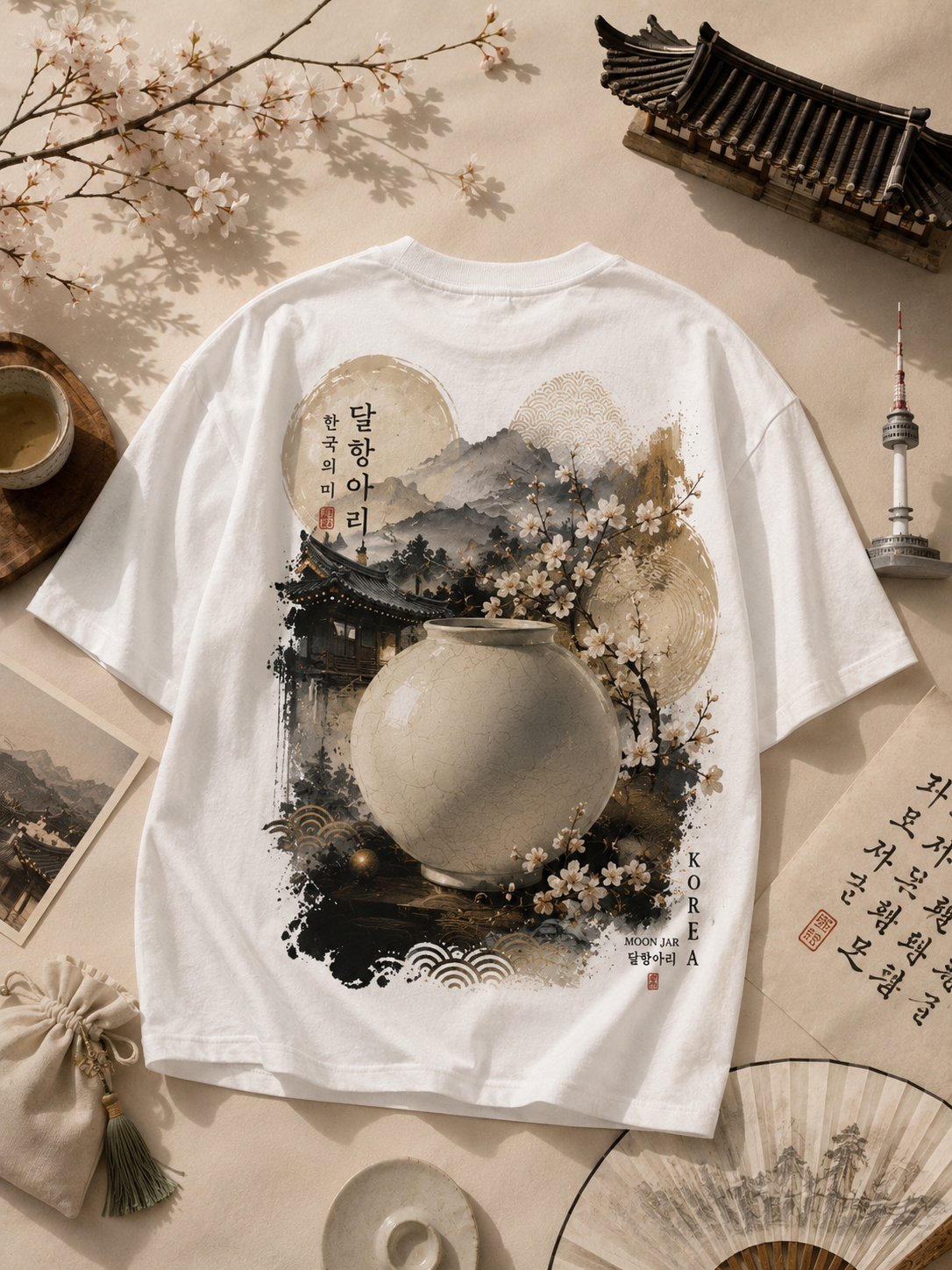 A white short-sleeve T-shirt laid flat on a beige surface, featuring a large Japanese-style back print with a large ceramic vase, flowering branches, mountains, and Korean text. The shirt is styled with decorative props including a fan, cup, paper, and architectural roof detail.