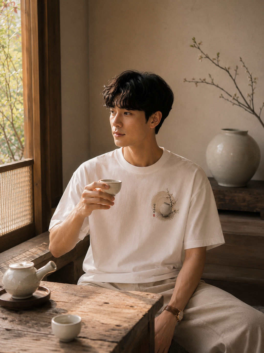 A man sitting in a rustic tea room setting, wearing a white short-sleeve t-shirt with a small green and beige leaf graphic on the left chest, holding a small ceramic cup.