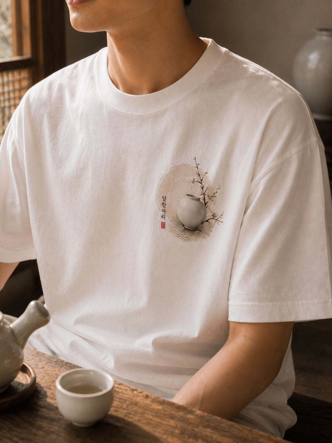 A person wearing a white short-sleeve crewneck T-shirt with a small circular graphic print on the left chest featuring a gray stone, a branch, and vertical black calligraphy with a small red seal, seated at a wooden table with a teapot and cup.